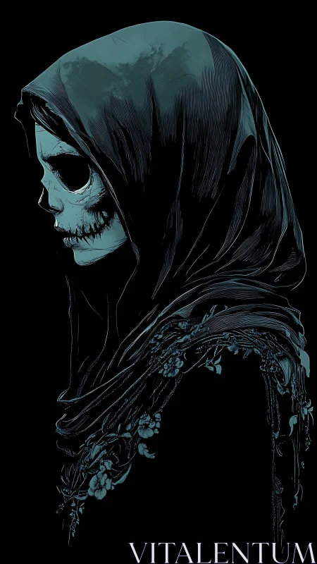 Midnight reaper wrapped in quiet blossoms and shadow.