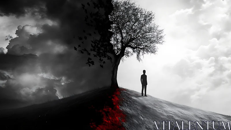 Monochrome hillside silhouette dividing storm and light sky