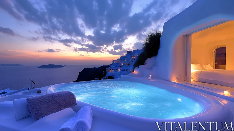 Infinity pool overlooks coastal cliffs at blue hour sunset