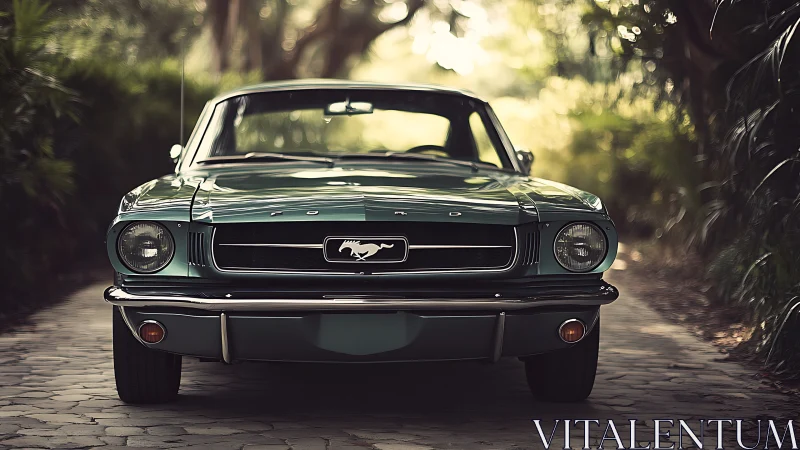Classic green Mustang front view on sunlit driveway.