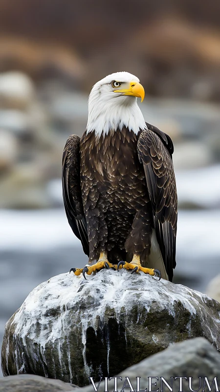 Bald eagle stands on icy river rock in high-detail portrait