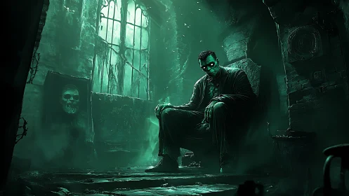 Green lit figure seated in decayed gothic interior at night.