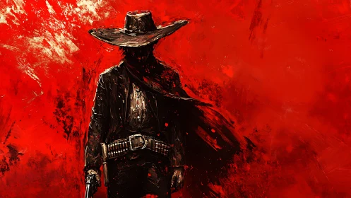 Lone gunslinger silhouette against violent red stormscape.