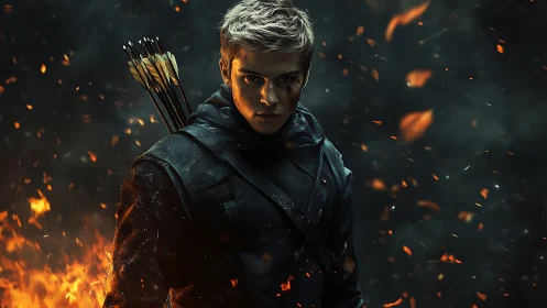 Flaming embers orbit a battle-hardened archer in shadowed armor