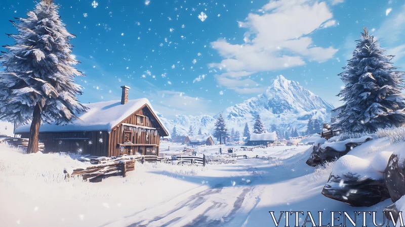 Snowy mountain village with rustic cabin and drifting flakes.