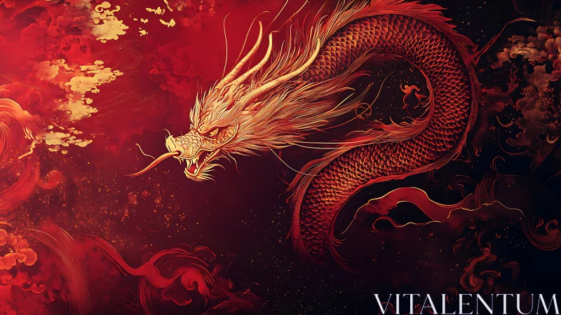 Coiled red dragon rendered against dense abstract red field