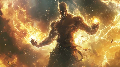 Elemental warrior engulfed in eruptive golden flames.