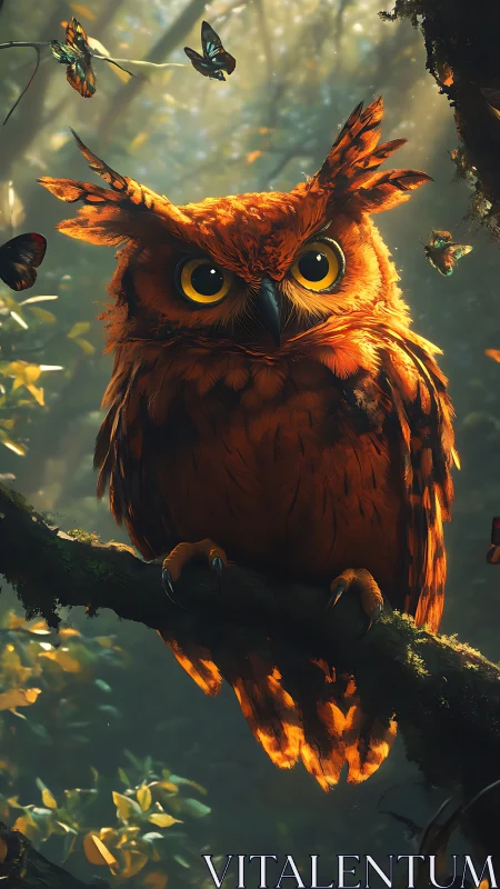 Ember-feathered owl conducts dawn light in forest hush