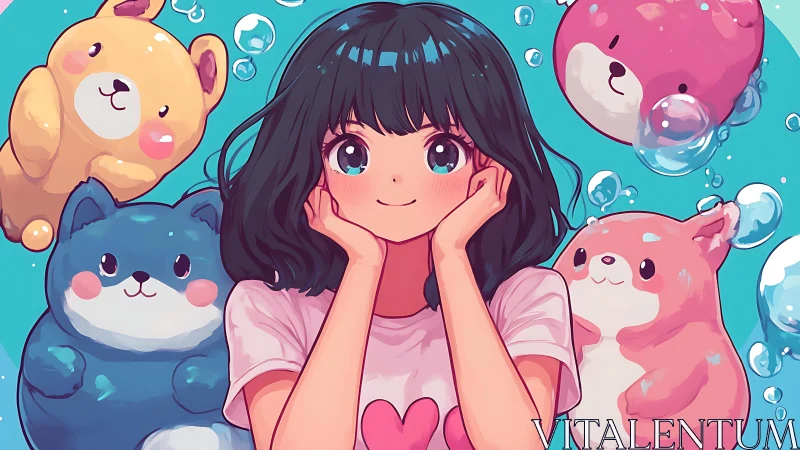 Anime girl with floating plush creatures and aquatic bubbles.