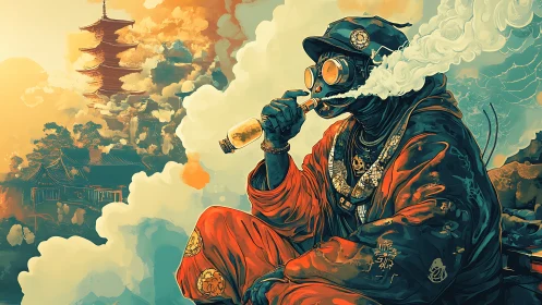 Cyber monk with pipe amid retrofuturist temple clouds.