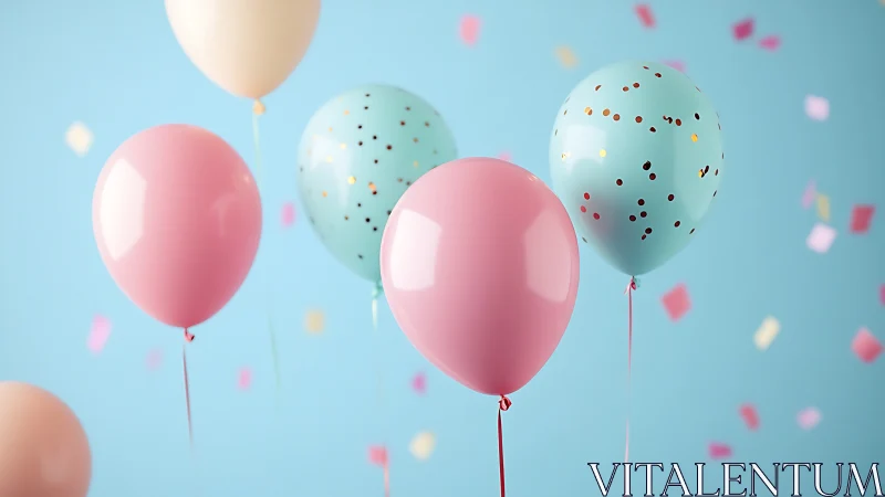 Balloons suspended against turquoise background with confetti particles.