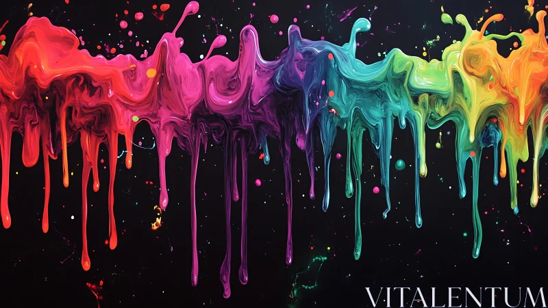 Vibrant rainbow paint drips across dark abstract background.