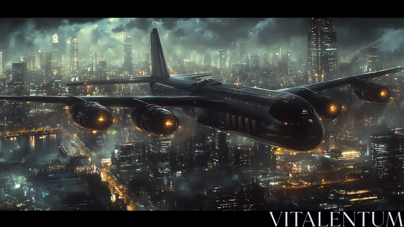 Nocturne airliner prowls neon storm above electric city.
