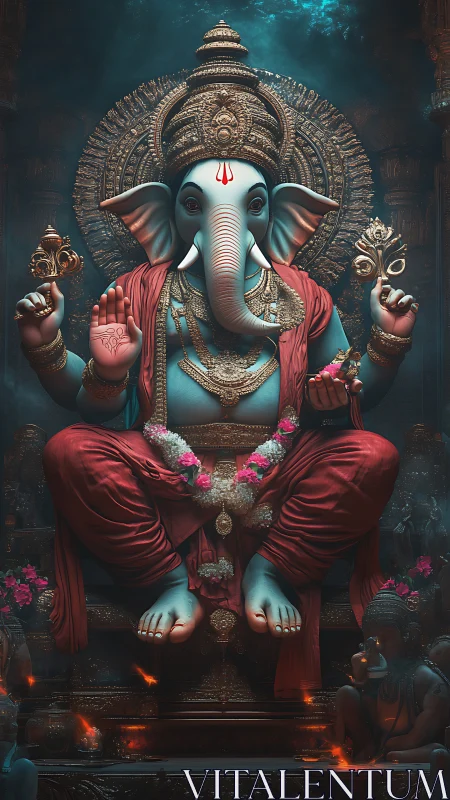 Digital Ganesh deity rendered with cinematic chiaroscuro lighting