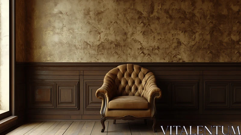 Tufted leather armchair anchors moody classical interior.