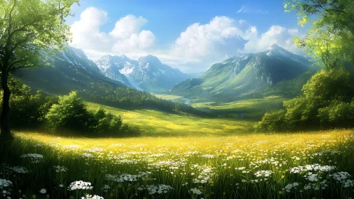 Layered alpine valley rendered with atmospheric depth cues and bloom