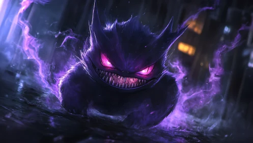 Spectral neon creature advances through rain-soaked cyber alley