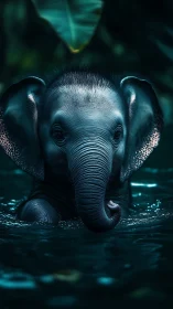 Photorealistic baby elephant portrait in nocturnal waterlight.