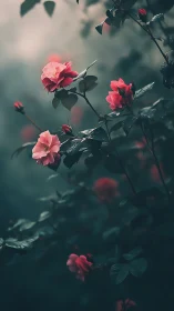 Pink roses exhibit selective focus with atmospheric depth field rendering in soft garden environment