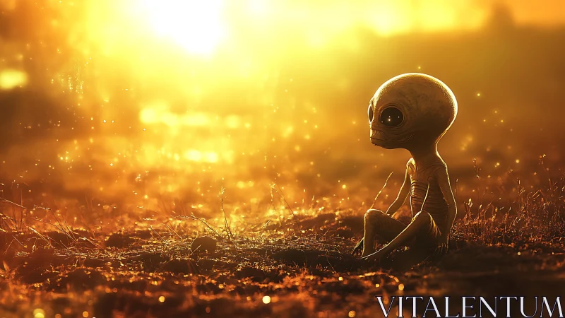 Solitary extraterrestrial figure under radiant golden sunset.