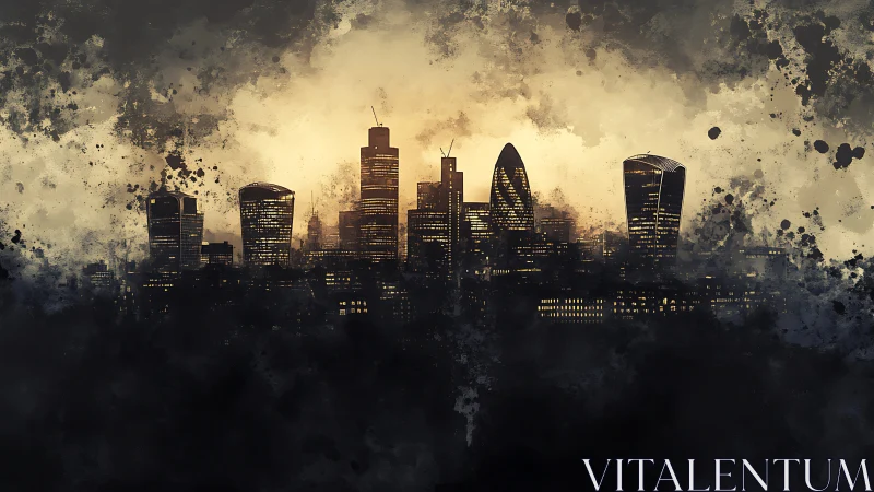 Nocturnal metropolitan skyline in ink-splatter chiaroscuro silhouette.