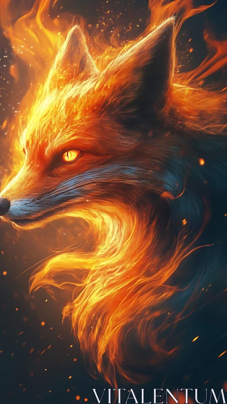 Fiery fox profile with flowing flame-like fur detail.
