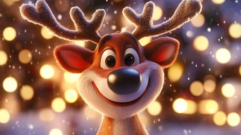 Smiling cartoon reindeer rendered in festive 3D bokeh lighting