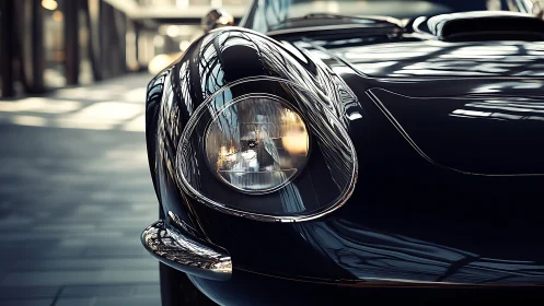 Close-up shows glossy black classic sports car front body