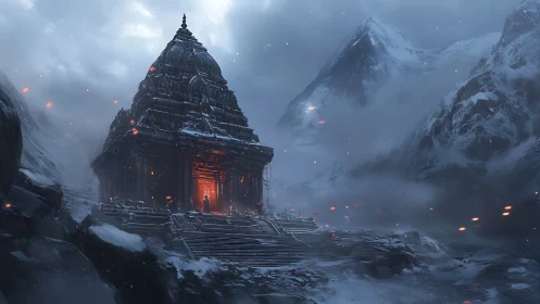 Solitary mystic at a snowbound mountain temple glows in flame