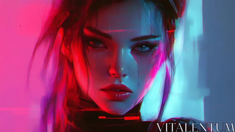 Neon-lit cyber heroine gazing with intense electric calm.