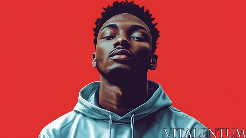 Vector stylized portrait in cyan hoodie on saturated red field.