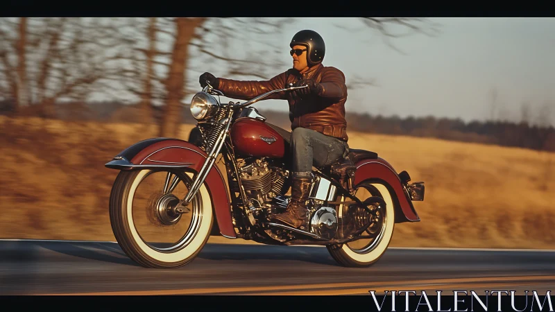 Sunset highway rumble with vintage crimson motorcycle swagger.