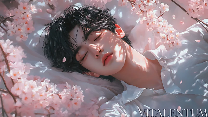 Soft-lit dreamer rests beneath drifting cherry petals.