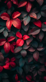 Crimson leaves glow softly against deep teal garden shadows