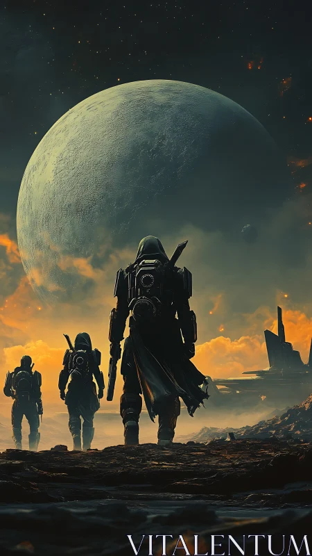 Brave space explorers walking toward a vast glowing moon.