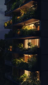 Vertical garden balconies emit warm residential lighting at dusk