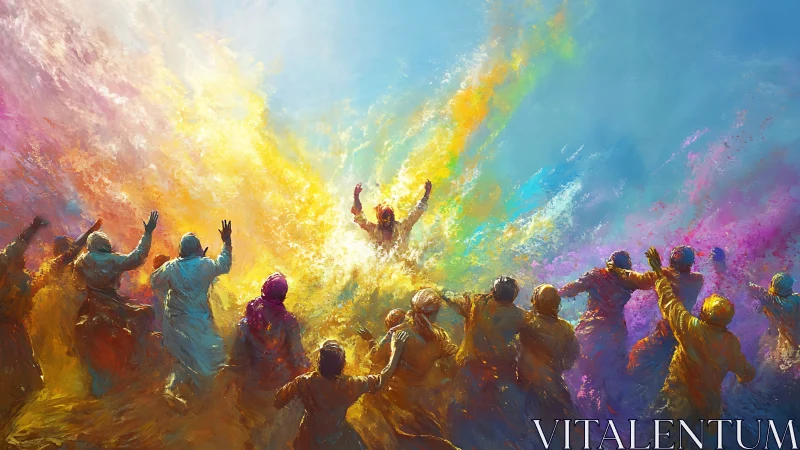Crowd celebrates radiant figure under exploding color sky.