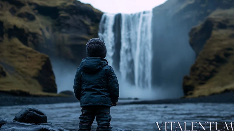 Young explorer quietly admires a powerful misty waterfall