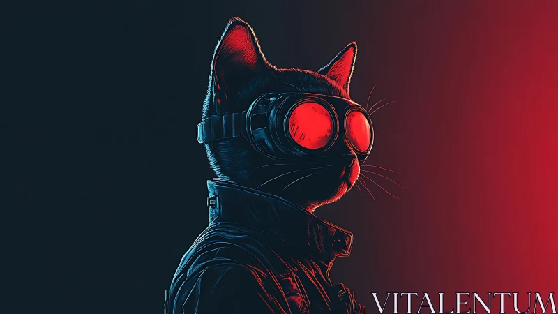 Cyberpunk black cat in goggles against red neon glow.