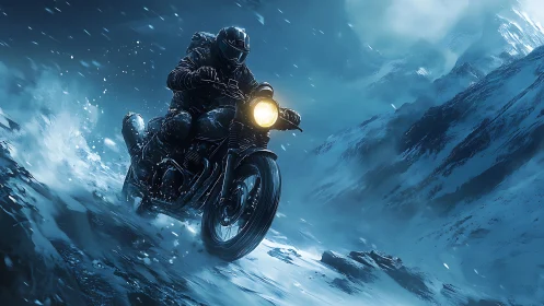 Motorcyclist powers through icy mountain storm at speed