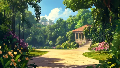 Sunlit tropical promenade leading to secluded garden pavilion.