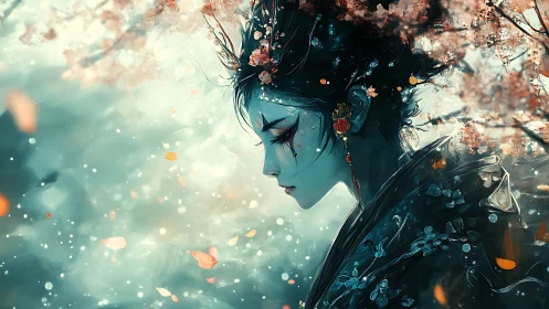 Melancholic geisha under blossom storm in teal haze.