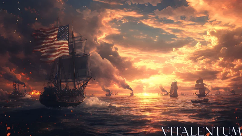 Historic naval vessels under flag at sunset in battle zone.