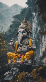 Gentle Ganesha statue rests peacefully in a misty forest shrine