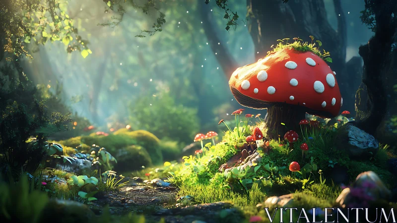 Volumetric lit toadstool clearing shows stylized 3D forest microhabitat