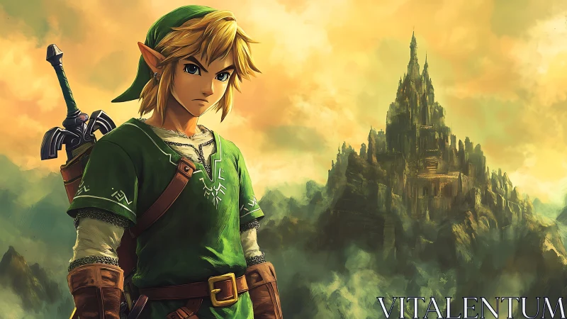 Heroic elf swordsman gazes toward a distant golden citadel