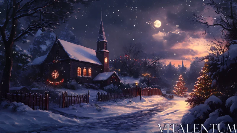 Snowy village church glows under moonlit winter sky