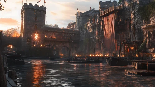 Golden hour settles over a fortified medieval riverside city