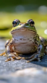 Close frontal view of frog on stone surface outdoors.