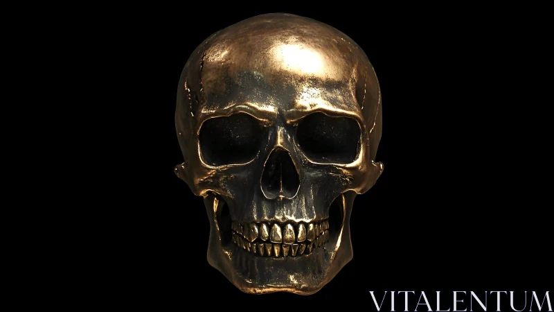 Shiny Golden Human Skull on Black Background, Realistic Style.